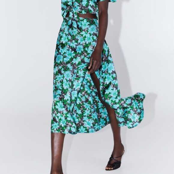 Zara Skirts Zara Green Blue Floral Midi Satin Skirt With Split Nwt